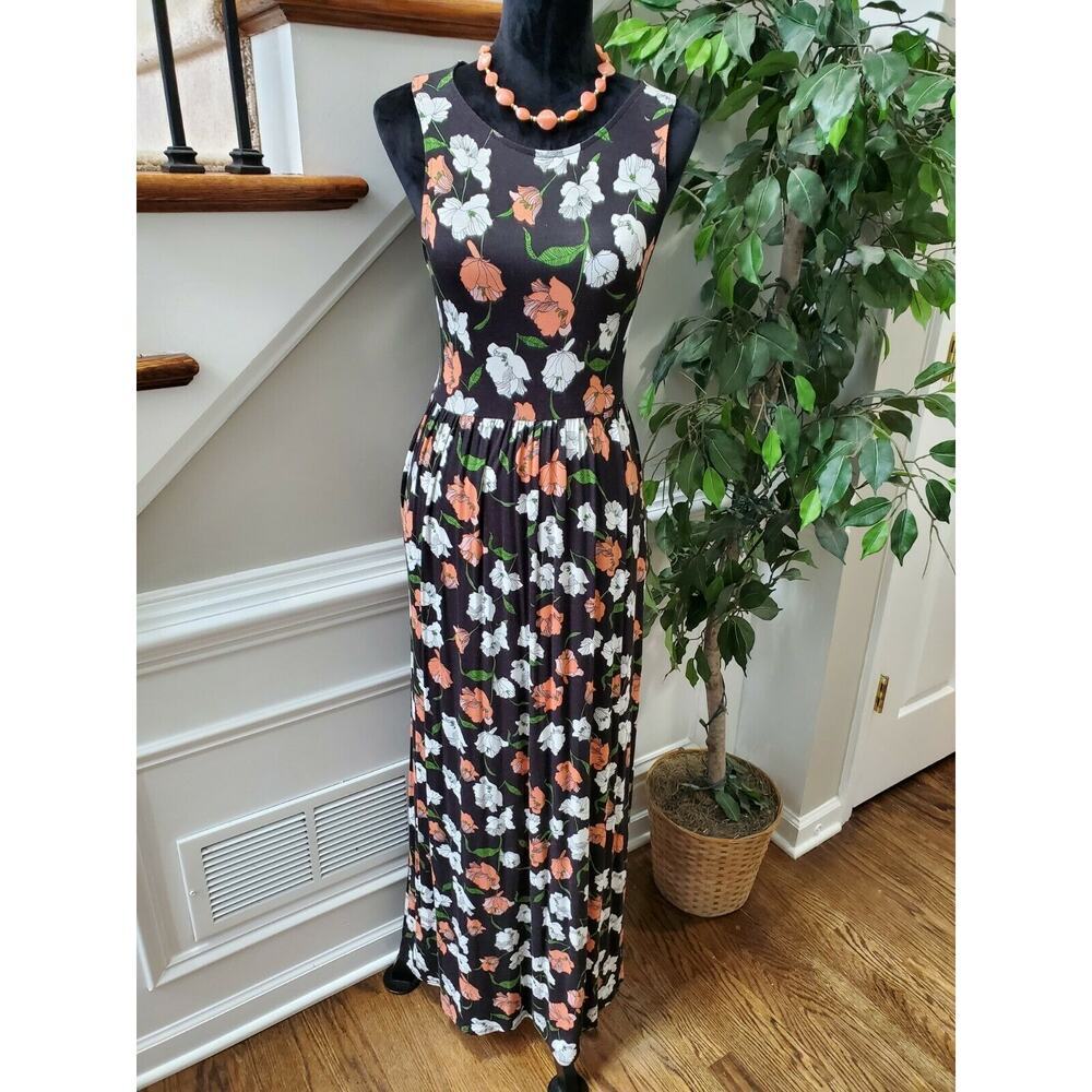Flamingo Urban‎ Women Black Floral Rayon Round Neck Sleeveless Maxi Dress Size L
